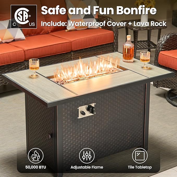 ovios 8-Piece Patio Furniture Set with Swivel Chairs Coffee Table, Outdoor Wicker Sofa with 42" Fire Pit Table, High Back Couch Modern Conversation Sets, Brown/Orange Red