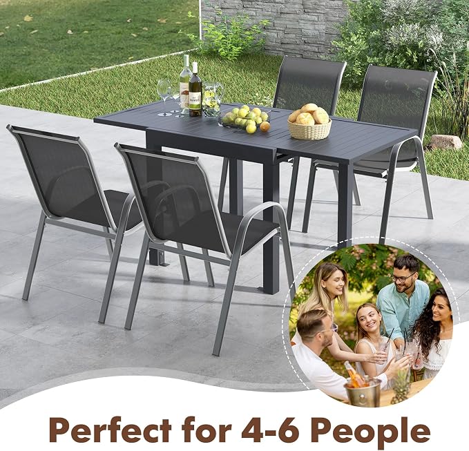Tangkula 31.5"-63" Extendable Patio Dining Table, Aluminum Outdoor Dining Table for 4-6 People, L-Shaped Brace Included for Fixation, Space-Saving Outside Table for Garden, Porch, Poolside, Dark Grey