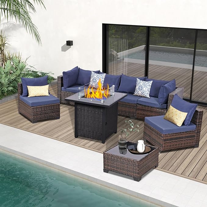FHFO 8 Piece Patio Furniture Set with 28" Fire Pit Table, Wicker Outdoor Conversation Set Sectional Sofa with Thick Cushions & Coffee Table for Backyard, Poolside, Garden, Brown-Blue