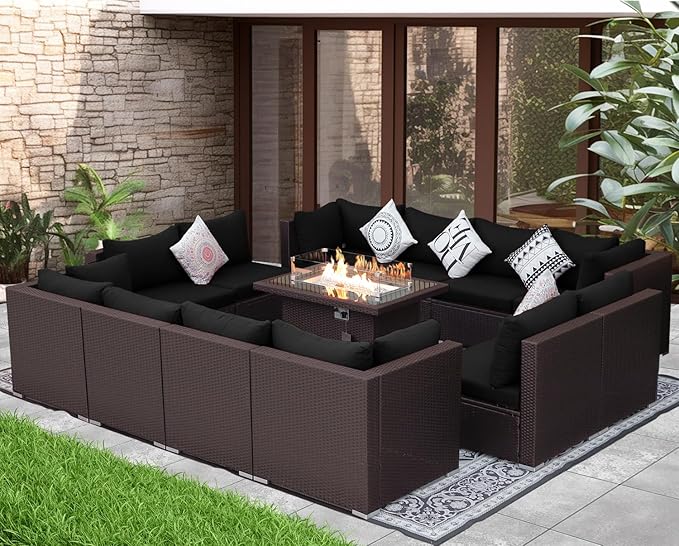 NICESOUL 13 Piece Patio Furniture w/Fireplace, Elegant Outdoor Seating w/Firepit, XL 29.3'' High Back Sectional Sofa, All-Weather Rattan Deck Couch, Modular Sturdy Conversation Set, Brown & Black