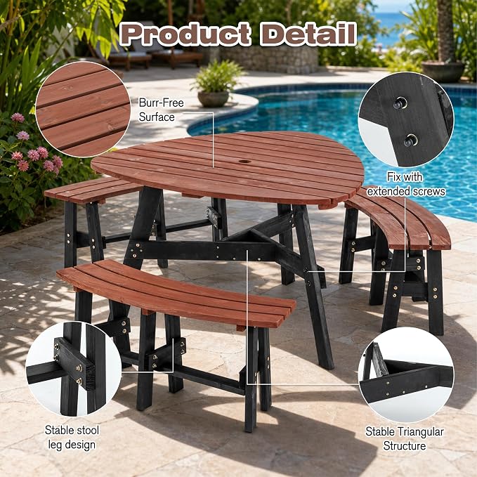 6 Person Wooden Picnic Table, Outdoor Picnic Tables with 3 Built-in 500 LBS Benches, Circular Camping Dining Table and Chairs Set with Umbrella Hole for Garden, Patio, Backyard