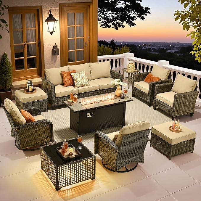 ovios 10 Pieces Patio Furniture Set, Outdoor Wicker Sofa Couch with Rocking Swivel Chairs Solar Light Table Fire Pit, Modern Deep Seat Rattan Conversation Sets, Beige