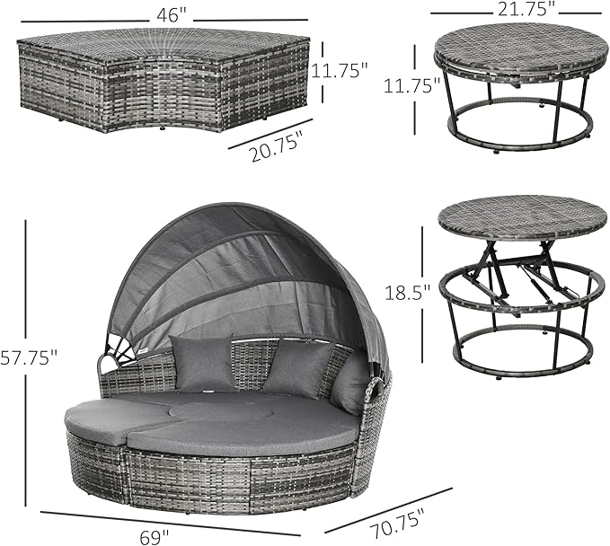 Outsunny 4 Piece Round Rattan Daybed, Convertible Patio Furniture Set, Adjustable Sun Canopy, Sectional Outdoor Sofa, 2 Chairs, Extending Tea Table Ottoman Chair, 3 Pillows, Gray