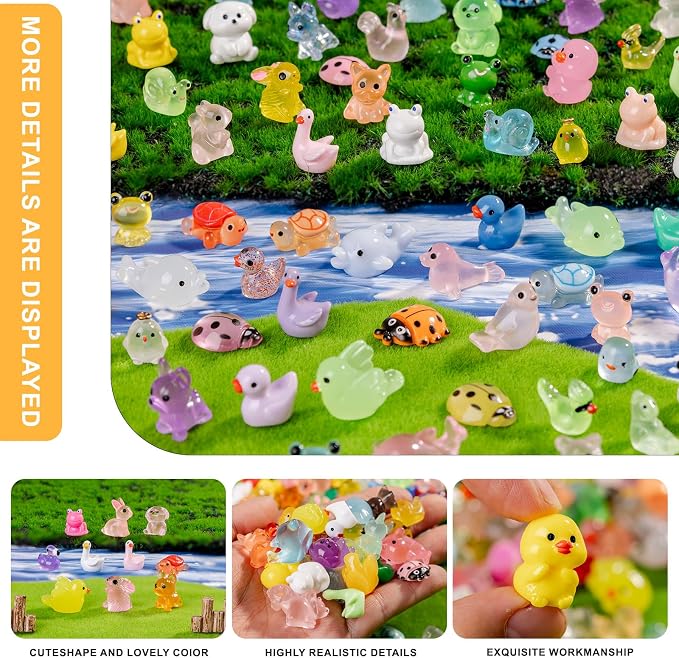 200 pcs Luminous Mini Resin Animals Many Styles Variety Tiny Animals Figures Miniature Little Small Animal Figurines Bulk for Micro Fairy Garden Landscape Accessories Hide Crafts Decor Aquarium