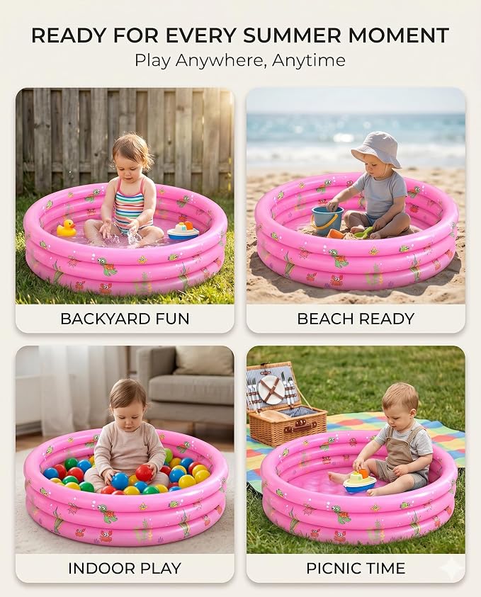 Baby Pool for Toddlers 1-3 with Bubble Bottom, Inflatable Kiddie Pool for Kids with Easy Drain Plug, Small Blow Up Pool for Backyard Summer Water Play, Durable Kids Swimming Pool (Pink)