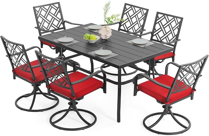 NUU GARDEN 7 Piece Outdoor Patio Dining Set, 61" x 37" Rectangle Table with Umbrella Hole and 6 Swivel Chairs with Red Cushions, for Lawn Balcony Garden, Black and Red