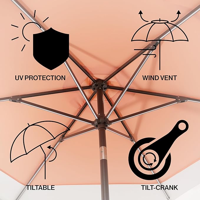 JONATHAN Y Spencer 9 ft. Solar Powered LED Patio Umbrella with Crank and Tilt, Hexagon Outdoor Market Sunshade for Garden, Deck and Pool, Coral Pink/White, Dark Brown Pole UMB1100D