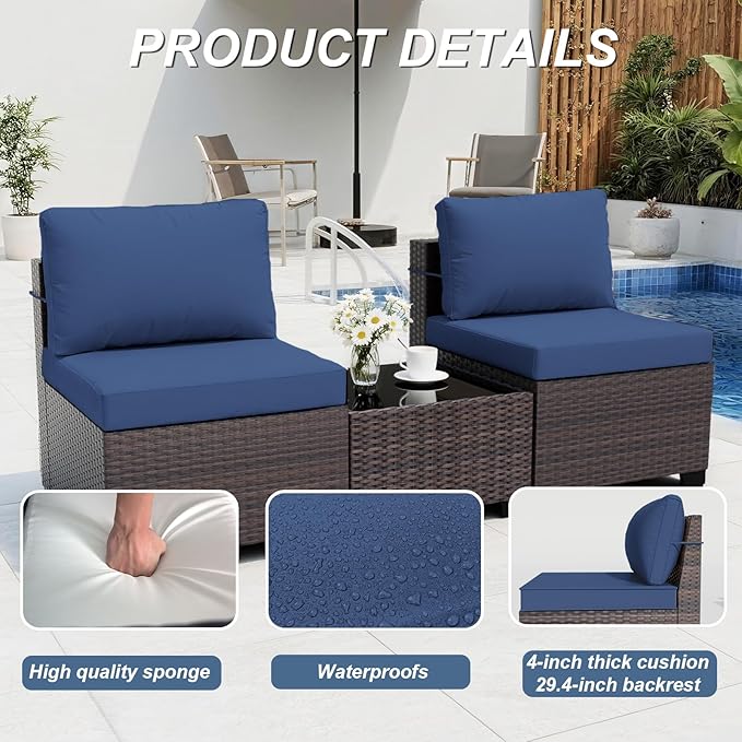 ALAULM Patio Furniture Set with Fire Pit Table 55000 BTU, Outdoor Sectional with Wide Seat and Thick Cushion, 15 Piece Wicker Rattan Conversation Set with Coffee Table for Garden, Deck, NavyBlue