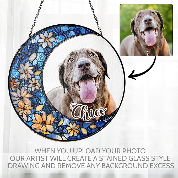 Personalized Memorial Dog Cat, Portrait Photo, Moon Stained Glass Window Hanging Suncatcher - Keepsake Gift for Pet Lover (Memorial Moon Pet)