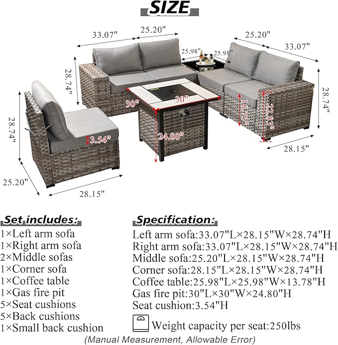 HOOOWOOO Outdoor Patio Sectional Furniture Sofa Set with Propane Gas Fire Pit Table,7 Piece Small Modern Wicker Couch with Widened Armrest,Modular Conversation Seating Set for Out Door(Dark Grey)