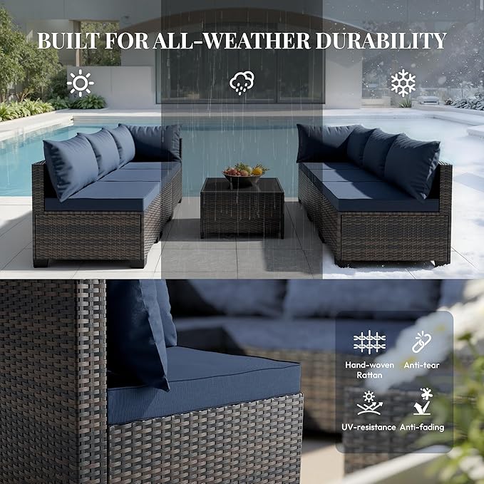 WWR Patio Furniture Set - All-Weather,Water-Resistant - 7 Piece Patio Wicker Rattan Sectional Sofa, Modular Outdoor Conversation Set for Backyard, Garden, Poolside, Balcony, Brown/Navy Blue