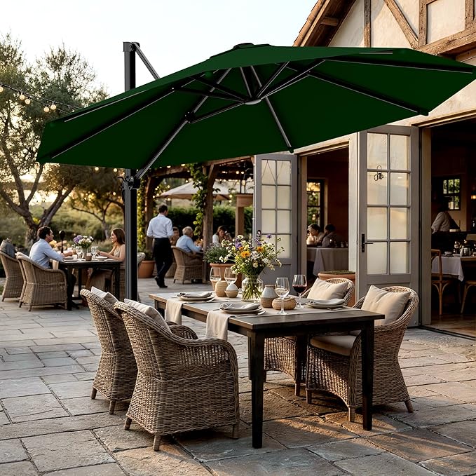 AreShark 11FT Round Cantilever Patio Umbrella with Base Included, 360° Rotation Offset Outdoor Umbrella, 5 Tilt Settings Heavy Duty Hanging Parasol for Deck Garden Pool, Dark Green