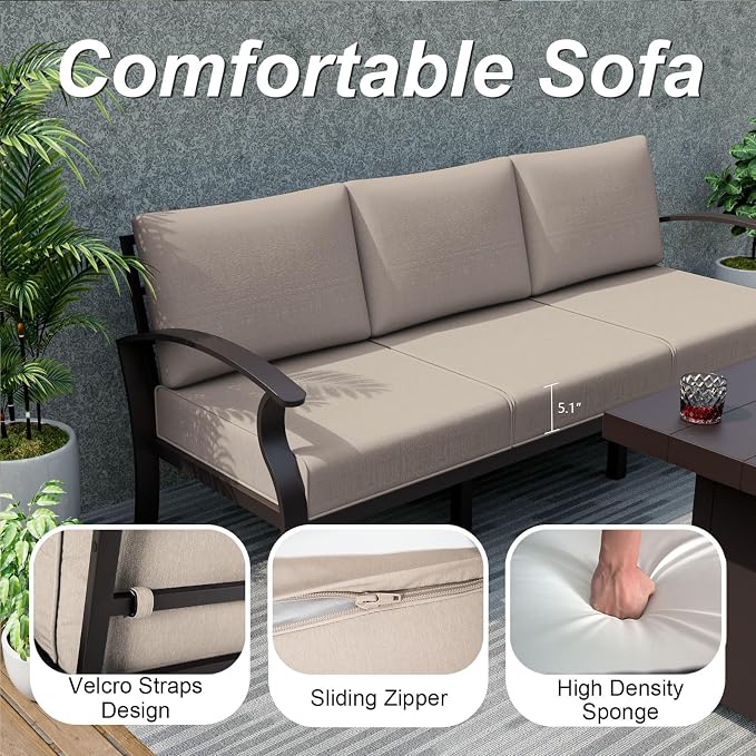 ALAULM Aluminum Patio Furniture Set with Coffee Table Rectangular, 8-seat Outdoor Sectional Furniture w/5.1" Cushions, Patio Conversation Set for Porch, Backyard, Poolside-Sand