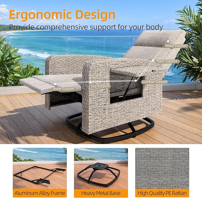 Outdoor Recliner Chair Set of 2,Reclining Patio Chair with Adjustable Back and Extended Footrest,All-Weather Wicker 360° Swivel Chairs with Flip-up Table for Pool Deck Balcony