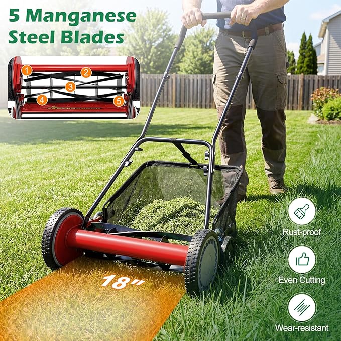 Push Reel Lawn Mower, Cordless 18" Manganese Steel Manual Grass Cutter with 5-Blade, Removable Grass Catcher, 9 Cutting Heights, Walk-Behind Lawn Mower for Garden Farm Yard (Red)