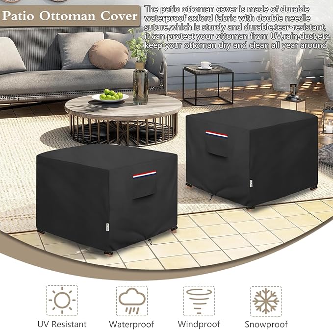 Patio Ottoman Cover Waterproof Heavy Duty Square Outdoor Ottoman Covers, 32W x 32D x 18H Inches Patio Furniture Covering Protector Outdoor Side Table Cover (Black)