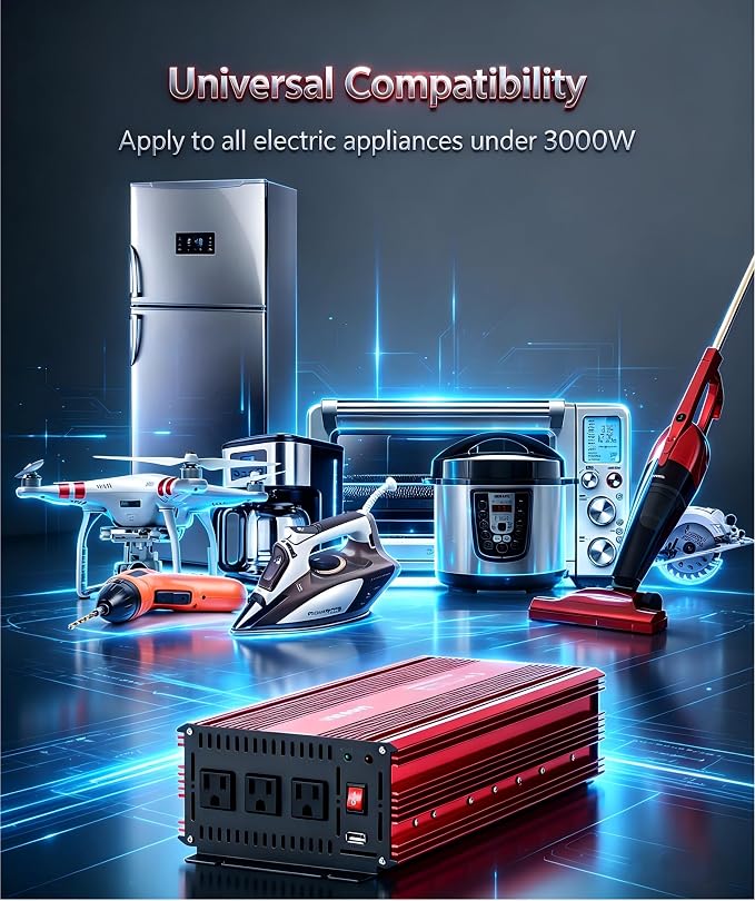 3000 Watts Power Inverter - vansoet 12V dc to 110/120V ac Car Inverter with 3 AC Outlets & Dual USB Ports for Vehicles, Ideal for Home, Emergency, Camping, RV, Truck, and Travel (Red)