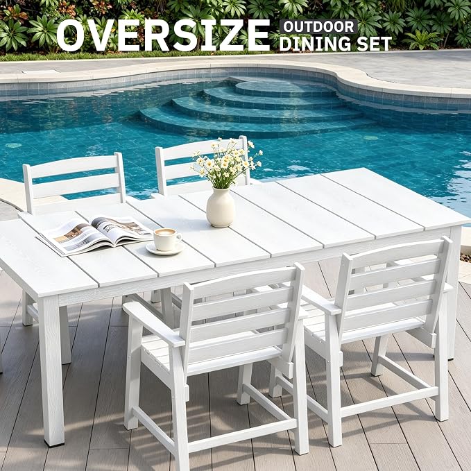 AreShark 5-Piece Outdoor Dining Set,HDPE Patio Table with 4 Chairs,All-Weather Patio Furniture Set with Umbrella Hole,Low Maintenance Wood Grain Dining Set for Backyard,Garden,Poolside,White