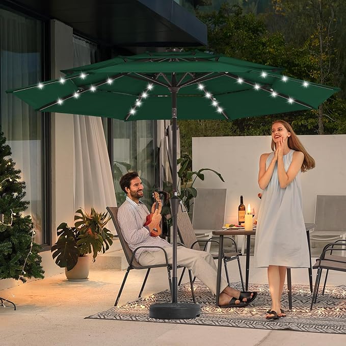 JEAREY 3 Tiers Patio Umbrella with Solar Lights 9ft Outdoor Market Table Umbrellas with Push Button Tilt for Outside Pool Garden, Dark Green