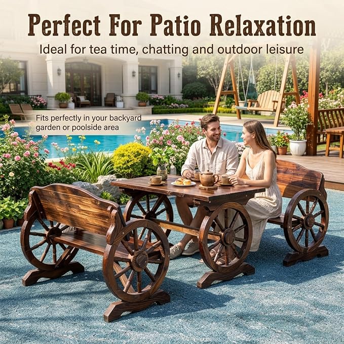 3 Pieces Patio Dining Set, Outdoor Wooden Rectangular Table and Benches,Rustic Wheel Bench Outside Furniture Set for Patio Porch,Deck, Lawn, Garden and Backyard(63in)