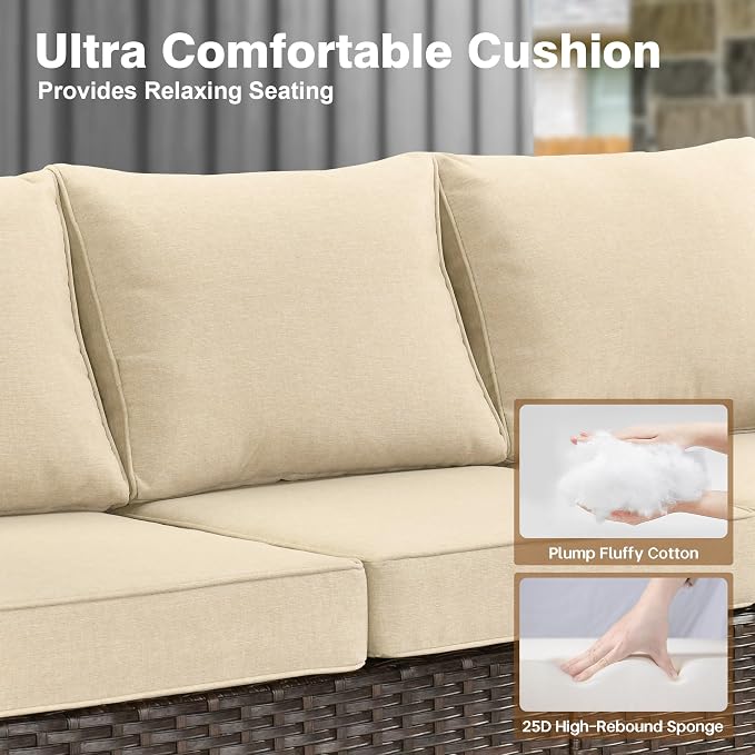 ovios 8 Pieces Patio Furniture Set, Outdoor Wicker Sofa Couch with 54" Fire Pit Table Comfy Cushions, All Weather Brown Rattan Conversation Set for Backyard Deck, Beige