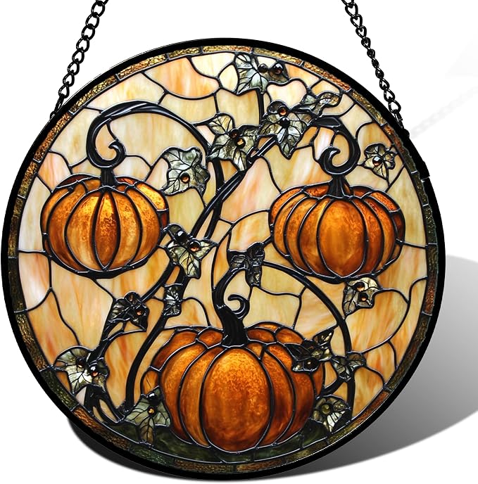 DASTOLL Stained Glass Window Hanging - Halloween Decoration Orange Pumpkin Vine Leaves Suncatcher for Door Garden Spooky Sun Catchers Gothic Decor Horror Gifts for Women Men Friend Boy Girl 9.8 in
