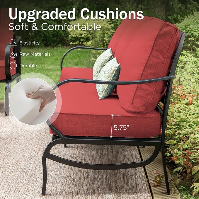 PHI VILLA 8 PCS Patio Furniture Set with Fire Pit Table,Metal Outdoor Furniture with 1 x 3-Seat Bench Sofa, 2 x Swivel Sofa Chairs, 2 x Leg Chair & 2 x Ottoman, Modern Patio Set, Red