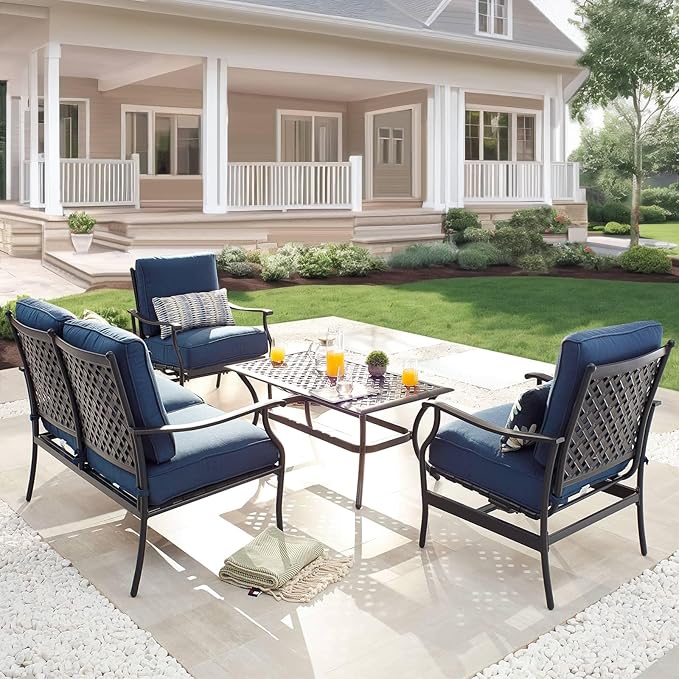 PatioFestival Patio Conversation Set 4 Pieces Cushioned Outdoor Furniture Sets with All Weather Frame for Porch Backyard Lawn (Navy-Blue)
