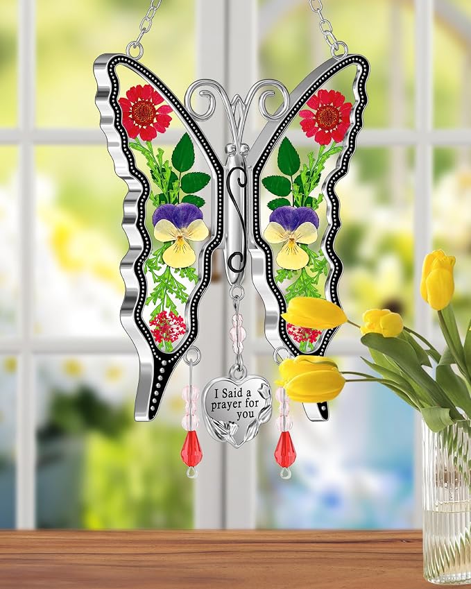 KY&BOSAM Butterfly Suncatcher for Window Hanging I Said a Prayer for You Stained Glass Catchers Real Flower Hangings Wind Chimes Home Decor Gifts for Women Mothers Day Birthday Thanksgiving Christmas