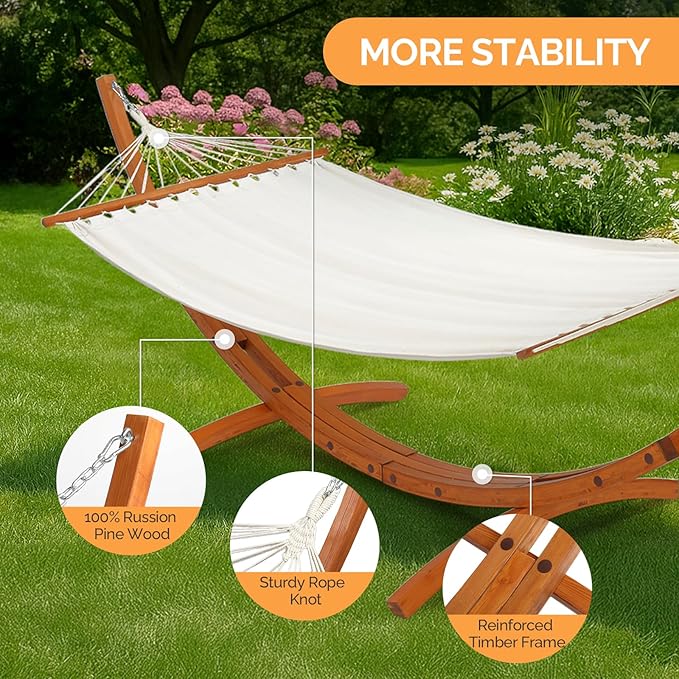 ONCLOUD Premium Double Hammock Set with Curved Hardwood Stand - 10.5ft Outdoor Relaxation System (400lb Capacity)