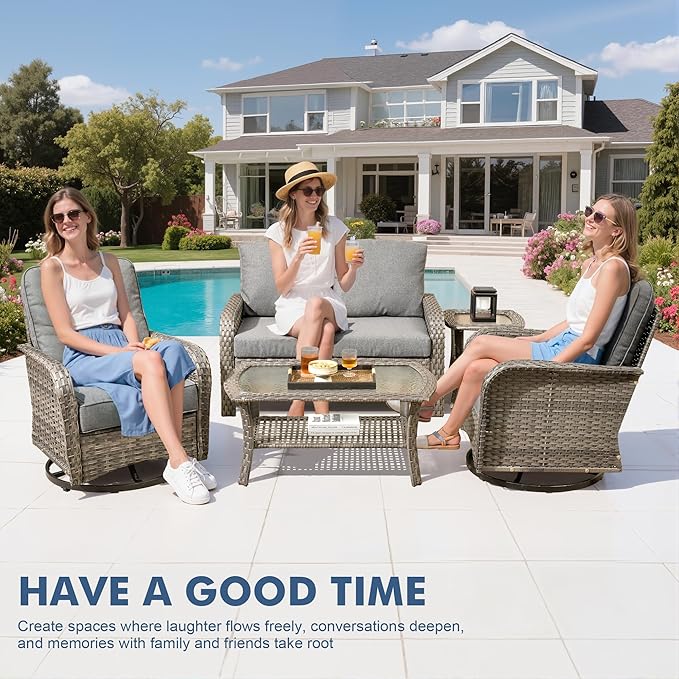 Weaxty Wicker Patio Furniture Set with Swivel Rocker Chairs Outdoor Loveseat Sofa and Rattan Coffee Table, 5 Pieces Outdoor Conversation Sets for Patio Porch Deck Backyard Poolside, Dark Gray