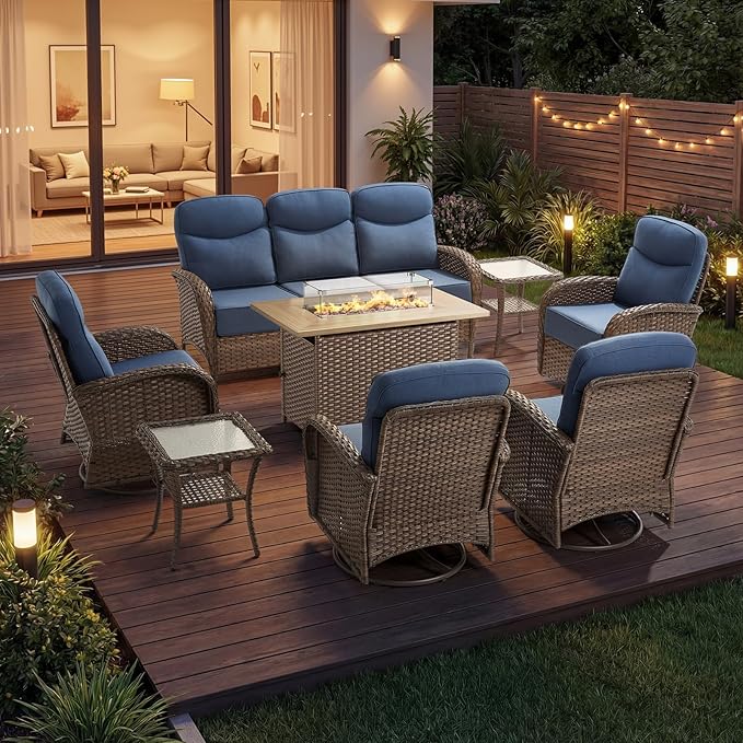 High Back Luxury Patio Furniture Set with 41"Fire Pit Table, 6-Inch Cushion Swivel Rocker Patio Chairs Set of 4 with Outdoor Couch, 8 Piece Wicker Conversation Set for Deck Yard Garden Balcony