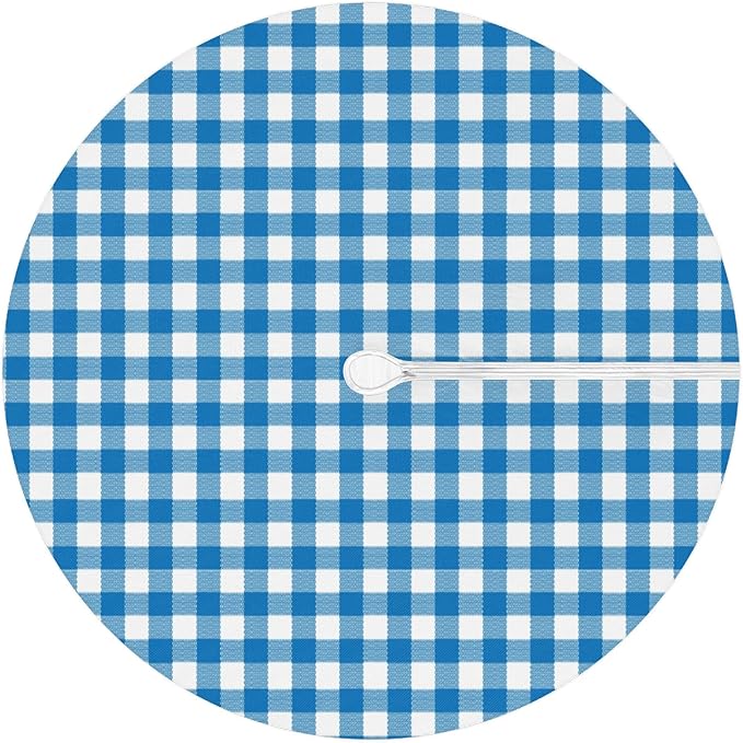 Fitted Round Tablecloth with Umbrella Hole and Zipper Buffalo Plaid Outdoor Elastic Table Cloth 45"-56" Oil-Proof Waterproof Patio Table Cover for Dining Picnic Party, Blue and White