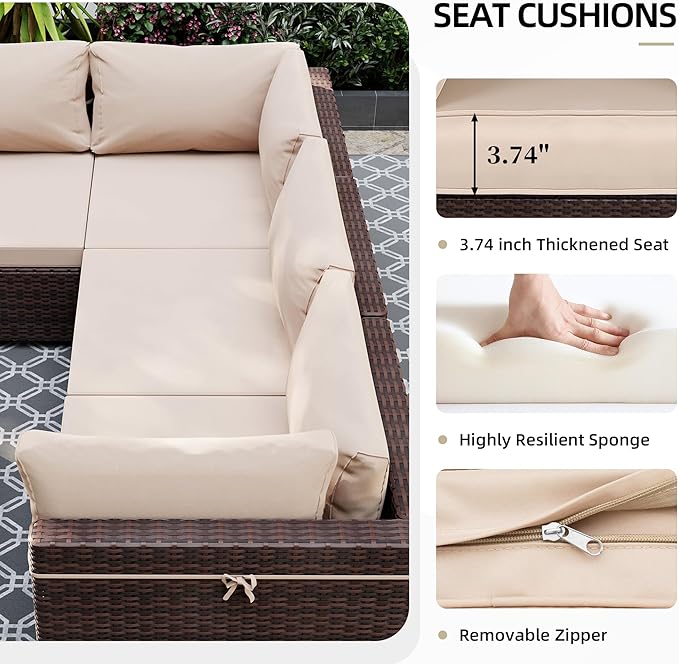 UPHA 7 Pieces Patio Furniture Sets, Wicker Outdoor Sectional Sofa Couch with Coffee Table, Patio Conversation Set for Deck Backyard Garden, Brown Rattan, Beige Cushion