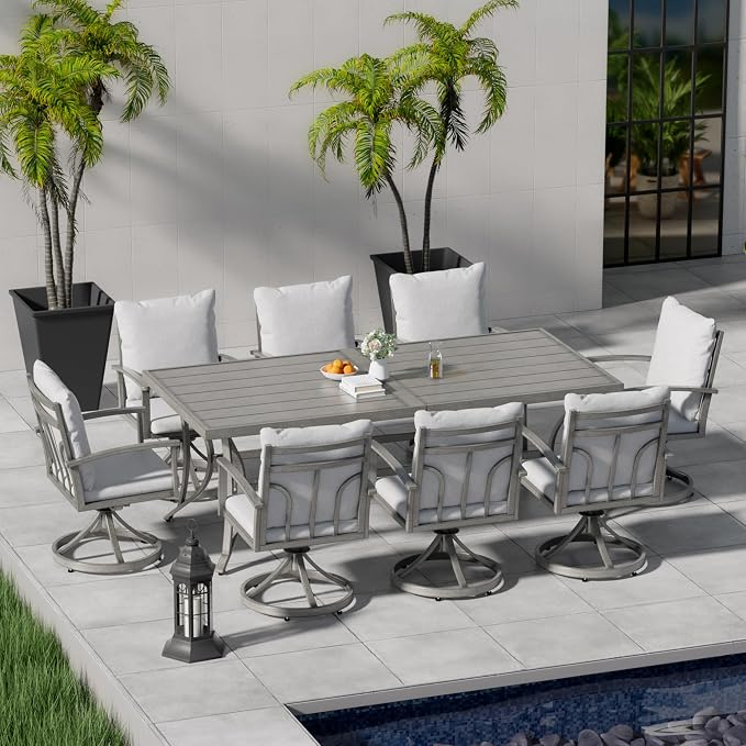 HAPPATIO 9-Piece Patio Outdoor Dining Set - All Aluminum Patio Table and Chairs Set for 8 Includes 1 Rectangular Dining Table and 8 Swivel Dining Chairs with Cushions for Lawn, Garden