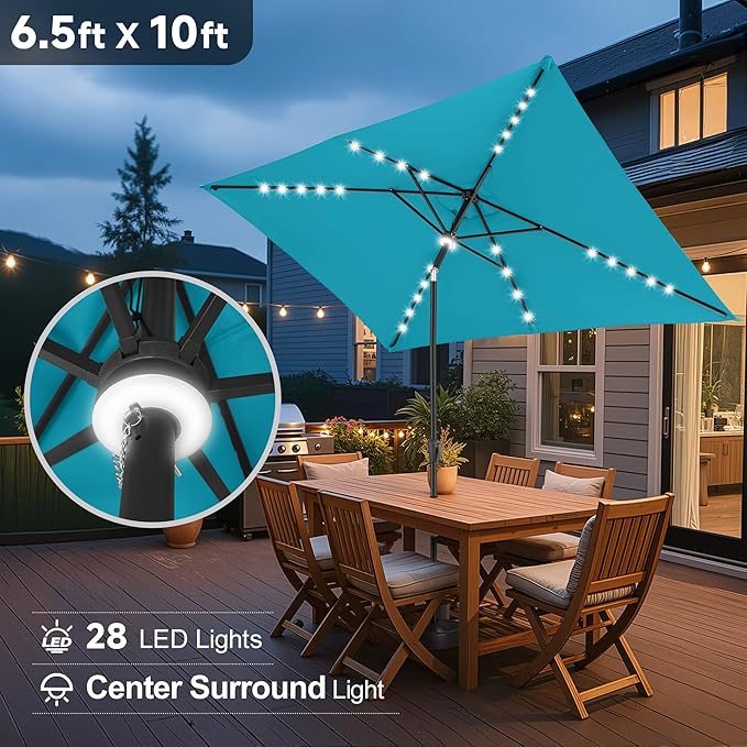 FLAME&SHADE 6.5 x 10 ft Rectangular Solar Powered Outdoor Market Patio Table Umbrella with LED Lights and Tilt, Aqua Blue