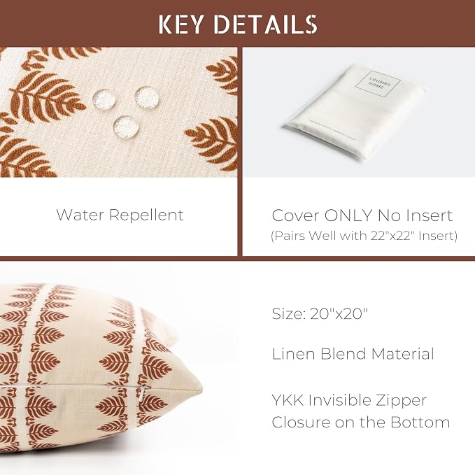 Crumbs Home Modern Farmhouse California Casual Indoor Outdoor Throw Pillow Cover, 20"x20" Water Repellent for Patio, Backyard, Couch, Poolside, Earth Tone Rust Orange Neutral Print Leaves Stripes