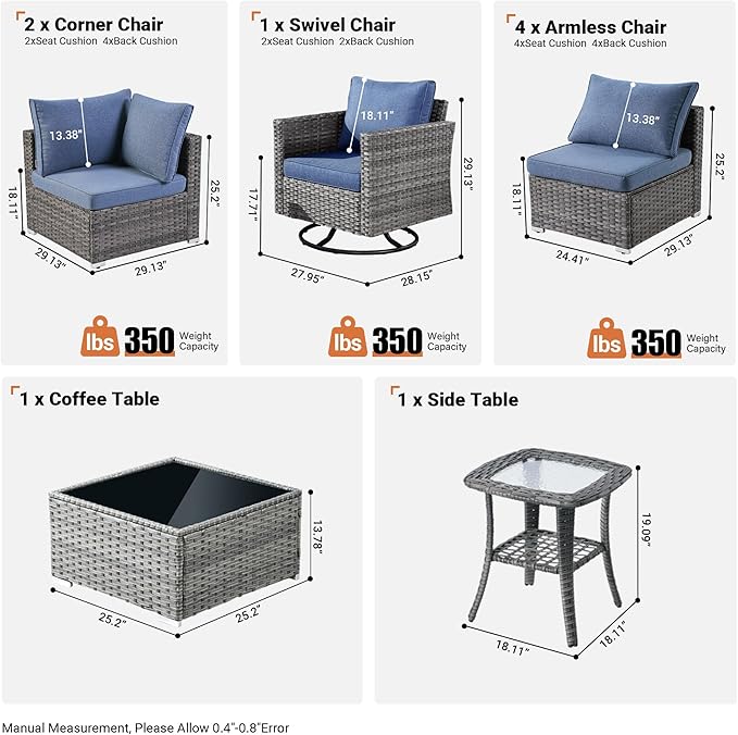 ovios Outdoor 9 Piece Coversation Set with Swivel Rocking Chair,Sectional Patio Furniture Set with All-Weather Wicker Sofa,Modern Outside Couch for Balcony Backyard Pool, Blue