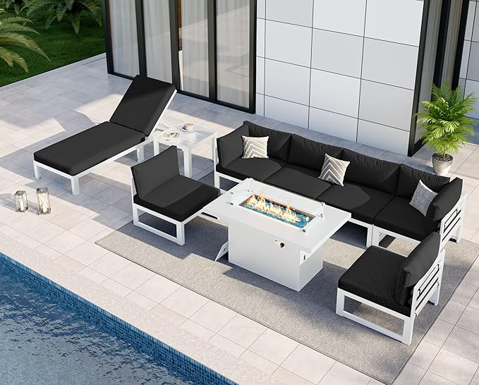 NICESOUL 7 People Large Luxury Aluminum Patio Conversation Set with Lounge & Fire Pit Table, 29" Deep Wide Modular Sectional Couch, 500 lbs Heavy Duty All Weather Outdoor Sofa for Poolside Yard, Black