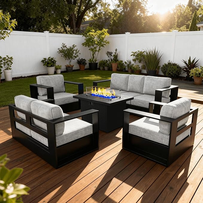 5 Pieces Patio Furniture Set with Fire Pit Table, Metal Modern Conversation Set with Deep Seating and Widened Aluminum Frame for Deck, Porch, Garden