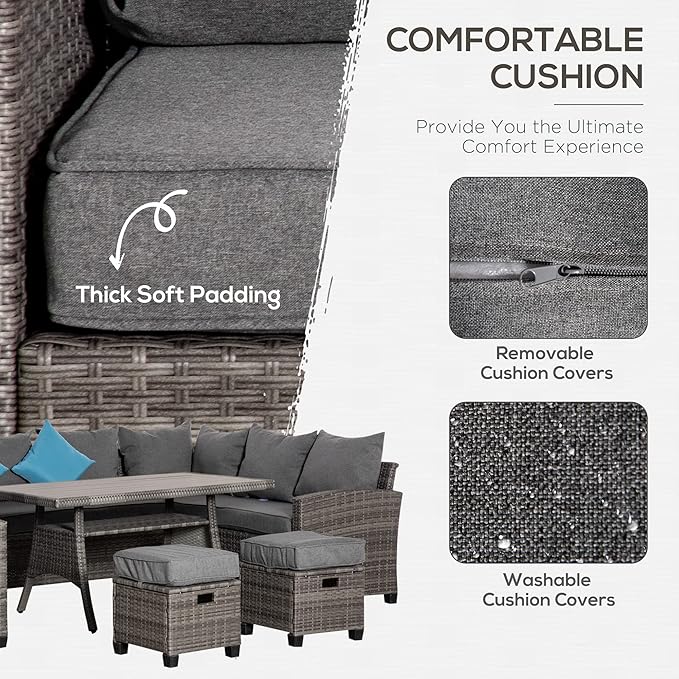 Outsunny Patio Furniture Set, 6 Piece PE Wicker Outdoor Furniture, Conversation Set with Ottomans, Table & Chairs, All Weather Sectional Sofa Couch, Blue Pillows, Gray