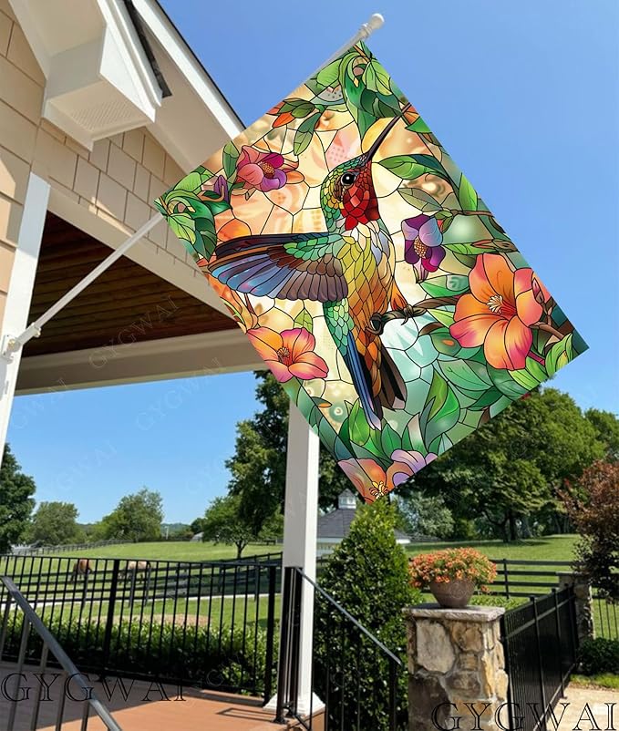 Stained Glass Spring Summer Hummingbird House Flag 28x40 Double Sided Large Burlap Garden Flag Flower Yard Flags for Outside Decorations