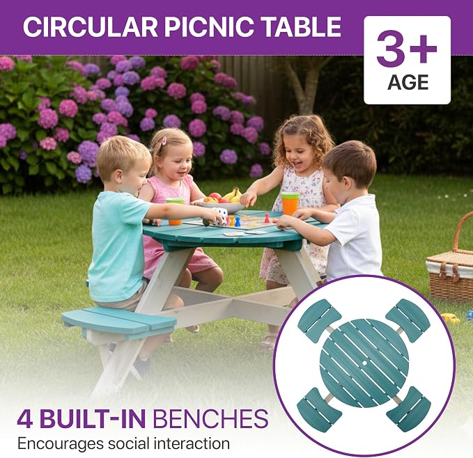 Plum® Kids Picnic Table - Wooden Toddler Table and Chairs Set, Outdoor Furniture for Patio, Garden, Backyard Dining & Activity, 4 Built-in Benches, Sturdy, Durable, Weatherproof, Ages 3+, Teal