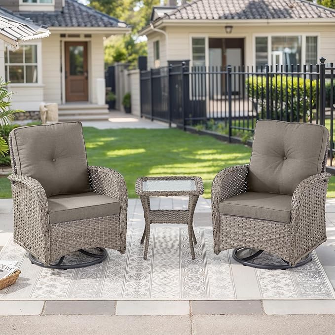HUMMUH 3-Piece Outdoor Wicker Swivel Rocker Bistro Set, Grey | 2 swivel rocker chairs, 2-tier side table, 4 in Olefin cushions, removable covers, for porch, balcony, and poolside