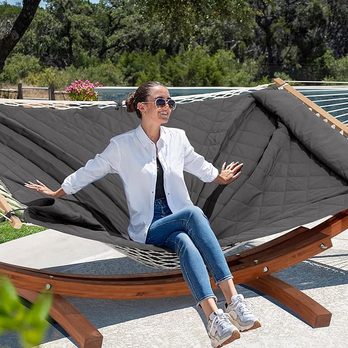 ANOW 13.5FT Curved Wood Stand with Portable Rope Hammock, Heavy Duty Larch Wood Arc Stand with 2 Chains, 4 Balance Ropes and 4 Carabiners, Includes Gray Hammock with Spreader Bars