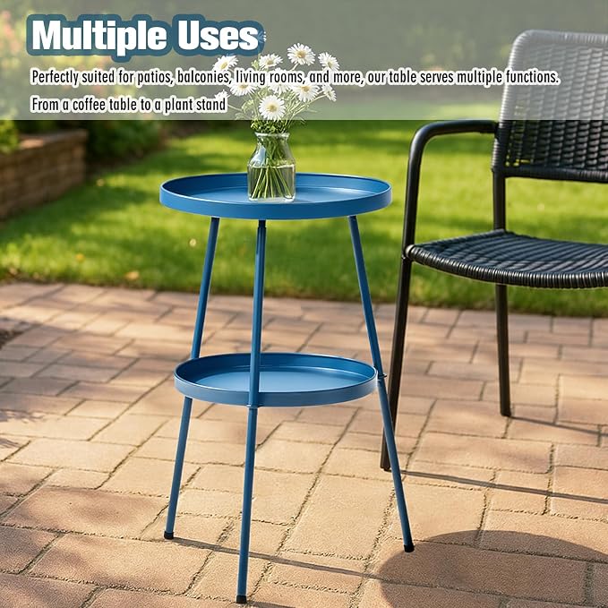 2 Tier Patio Side End Table, Round Metal Lawn Bistro Portable Leisure Standing Coffee Table, Outdoor or Indoor Tray for Living Room Bedroom Balcony Poolside and Office (Navy Blue)