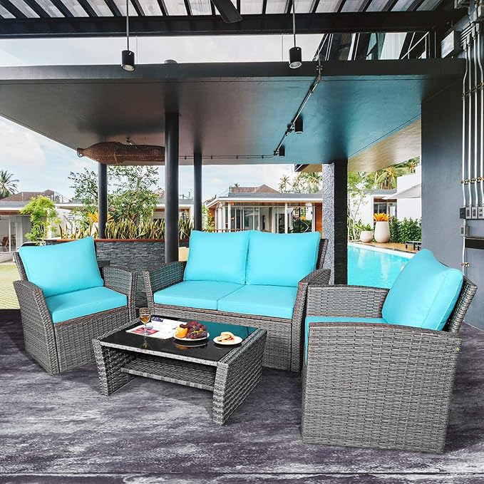 Tangkula 4 Pieces Patio Furniture Set, All Weather Outdoor Sectional Rattan Sofa Set with Cushions & Tempered Glass Table, Wicker Conversation Couch Set for Backyard Garden Poolside (Turquoise)