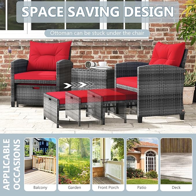 ORALNER 5 Pieces Patio Furniture Set with Ottoman, Wicker Conversation Set w/Cushions, Glass Coffee Table, Outdoor Lounger Rattan Chairs Bistro Set for Porch Balcony Garden Deck Poolside (Red)