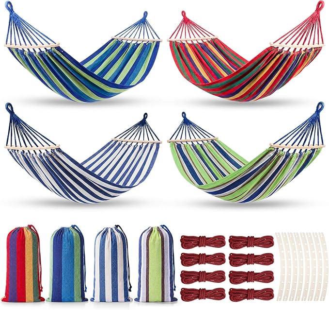 SATINIOR 4 Pack Canvas Portable Camping Hammocks with 4 Carrying Pouch 8 Tree Straps 8 Anti Roll Balance Beam Large 86.6 x 59 Hanging Hammock for Patio Backyard Outdoor, Red & Blue & Green & White