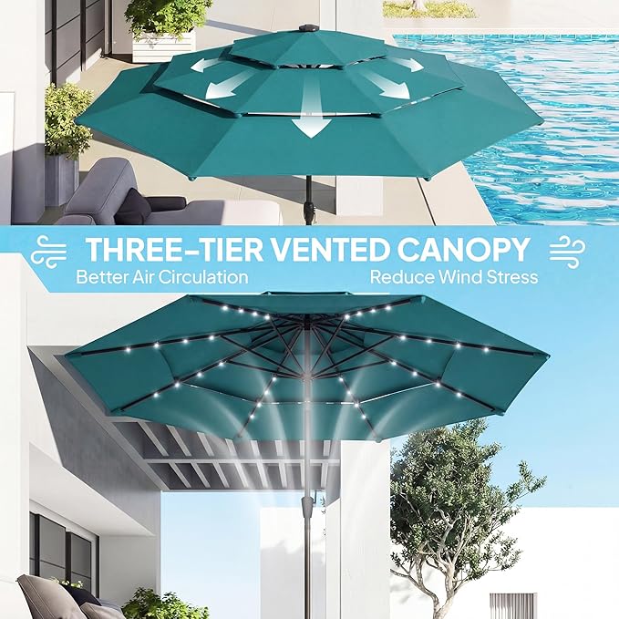 Outsunny 9.7 ft Outdoor Patio Umbrella with 32 Solar LED Lights, 3 Tier Outdoor Table Market Umbrella with Tilt and Crank, 8 Ribs for Garden, Deck, Yard, Poolside